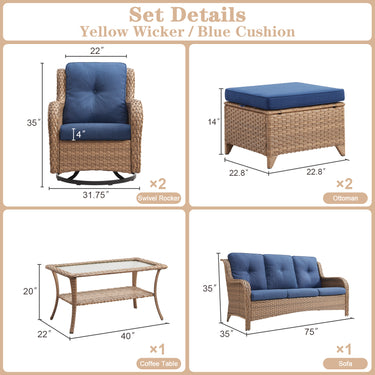 Patio Conversation Set 6-Piece with Sofa, Swivel Glider Chairs, Coffee Table, and Ottoman, NTC Series - Belord