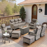 Belord 10-piece patio fire pit set with sofa and swivel chairs, NT Series outdoor fire table and seating arrangement.