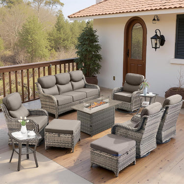 Belord 10-piece patio fire pit set with sofa and swivel chairs, NT Series outdoor fire table and seating arrangement.