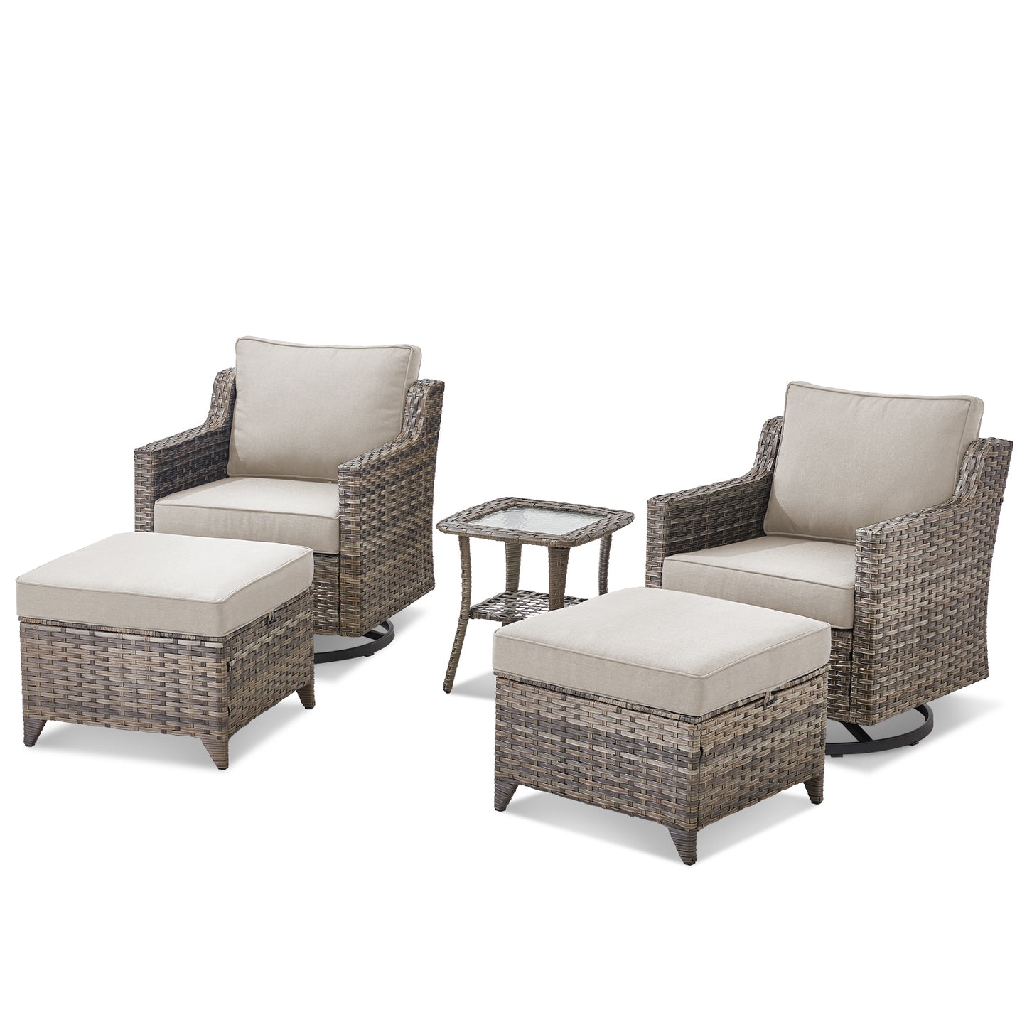 Outdoor Swivel Chair Set (5 Pcs): 2 Glider Chairs, Ottoman Pair & Glass Accent Table, FG Series