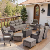 Belord 10-piece patio fire pit set with sofa and swivel chairs, featuring a stylish fire table for outdoor gatherings.