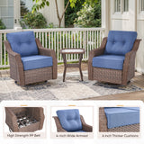 Blue 3-piece outdoor wicker patio conversation set with swivel glider chairs and side table by Belord from the OVOLO series.
