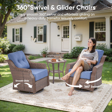 Blue outdoor wicker swivel glider chair and side table set from Belord's OVOLO Series patio conversation collection.