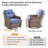 Blue 3-piece outdoor wicker swivel glider chair and side table set from Belord's Ovolo Series for patio conversation.
