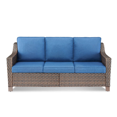 Blue 3-seat outdoor patio sofa with thick cushions from Belord's DAR Series, perfect for comfortable outdoor conversation.