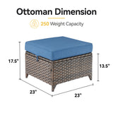 Blue 23-inch square outdoor ottomans from Belord DAR Series patio conversation set, featuring a modern design for outdoor seating.
