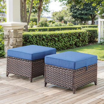 Blue 2-piece outdoor patio conversation set with 23-inch square ottomans from Belord DAR Series, perfect for outdoor lounging.