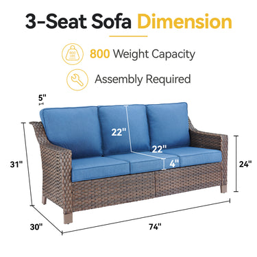 Blue Belord 3-seat outdoor patio sofa with thick cushions from the DAR Series, perfect for comfortable outdoor conversation.