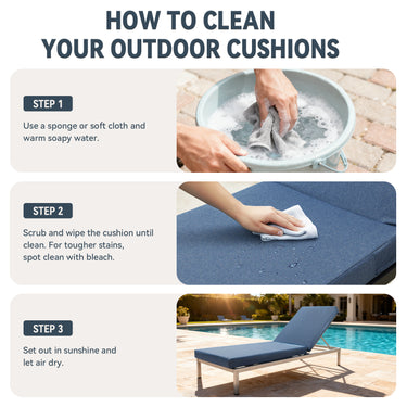 Blue outdoor chaise lounge cushion with 72x22 inches size, waterproof fabric, and 28D foam comfort for outdoor chairs and sofas.