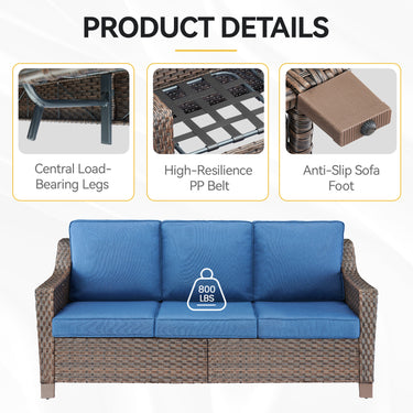 Blue Belord 3-seat outdoor patio sofa from the DAR Series with thick cushions, ideal for comfortable outdoor conversation areas.
