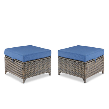 Blue 2-piece outdoor patio ottoman set by Belord, 23-inch square DAR Series conversation furniture for outdoor lounging.