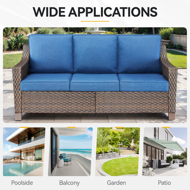 Blue Belord 3-seat outdoor patio sofa with thick cushions from the DAR Series, designed for comfortable outdoor conversation.