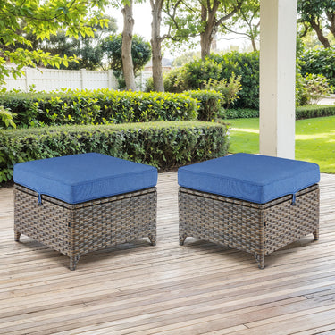 Blue Belord 2-piece outdoor patio conversation set with 23-inch square ottomans from the DAR Series.