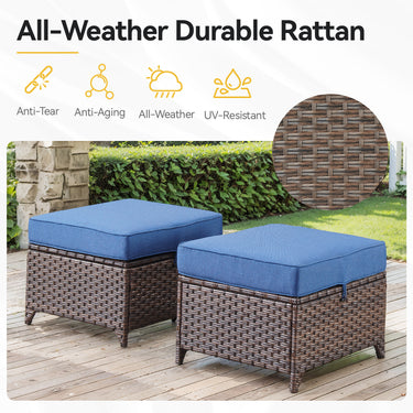 Blue 2-piece outdoor patio conversation set with 23-inch square ottomans from Belord DAR Series, perfect for outdoor lounging.