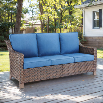 Blue Belord 3-seat outdoor patio sofa from the DAR Series with thick cushions, ideal for outdoor conversation and relaxation.