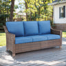 Blue Belord 3-seat outdoor patio sofa from the DAR Series with thick cushions, ideal for outdoor conversation and relaxation.