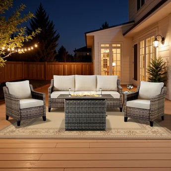 Belord 5-piece outdoor patio furniture set with wicker sofa, two chairs, gray fire pit, and side table for outdoor living.