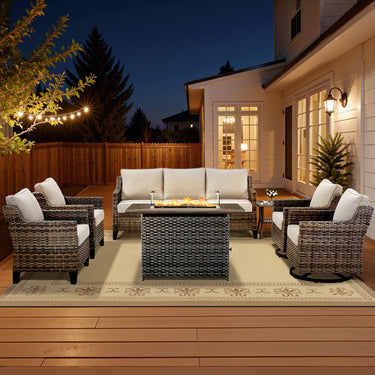 Belord 7-piece patio fire pit set with sofa, swivel chairs, and side table, outdoor patio fire table set in a garden setting.