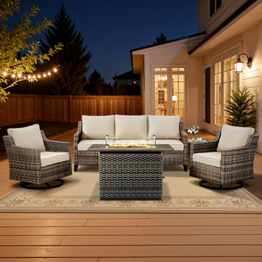 Belord 5-piece outdoor patio furniture set with wicker sofa, two swivel chairs, gray fire pit, and side table for outdoor living.