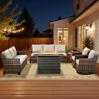 Belord 6-piece fire pit patio set with twin sofas, swivel chairs, side table, and hearth, designed for outdoor comfort and style.