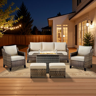 Belord 6-piece fire pit patio set with rattan sofa chairs and ottomans, perfect for outdoor heating and entertaining.