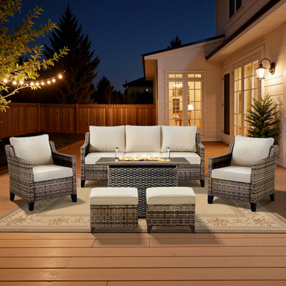 6-Piece Fire Pit Gathering Set: Sofa, 2 Chairs, Ottoman & Long Grey Rattan Hearth, FG Series
