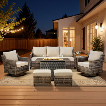 7-Piece Fire Pit Lounge Set: Sofa, 2 Swivel Chairs, Ottoman, Side Table & Long Grey Rattan Fire Pit, FG Series