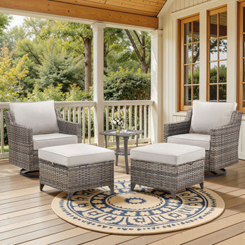 Belord outdoor patio swivel chair set with 2 glider chairs, ottomans, and glass accent table in FG Series for outdoor conversation.