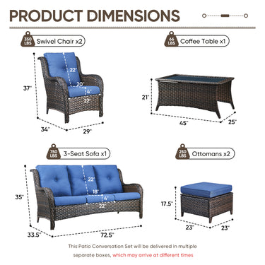 6 Piece Wicker Patio Chairs Set with 3-Seater Sofa & Ottoman, NTC Series