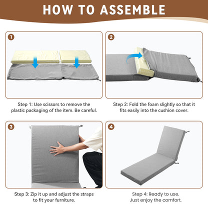 Belord Outdoor Chaise Lounge Cushions 2-Pack, 72 × 22 × 3.5 Inch Patio Lounger Cushions with Removable Covers, 28D High-Density Foam, Waterproof Poolside Cushions