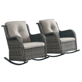 Set of two Belord patio wicker rocking chairs with cushions, part of the NTC Series, featuring woven wicker seats and armrests.