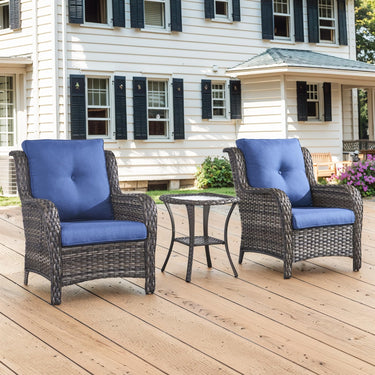 Belord 3-piece patio wicker furniture set with two chairs and side table, ideal for outdoor conversation and relaxation.