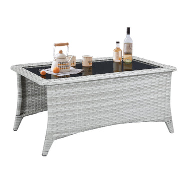 Belord outdoor wicker coffee table with glass top and ottoman storage, part of the patio conversation sets from the NTC Series.