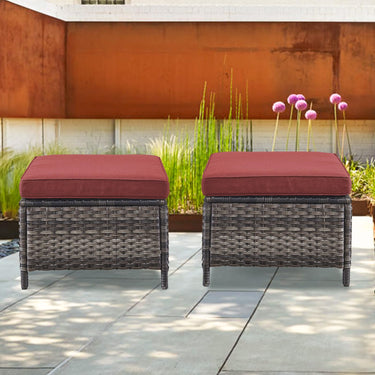 Belord 2-piece patio wicker ottoman set with side tables from NTC Series, ideal for outdoor conversation areas, showing woven wicker and cushions.
