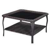 Belord outdoor wicker coffee table with glass top and two-tier storage, part of the NTC patio conversation set.