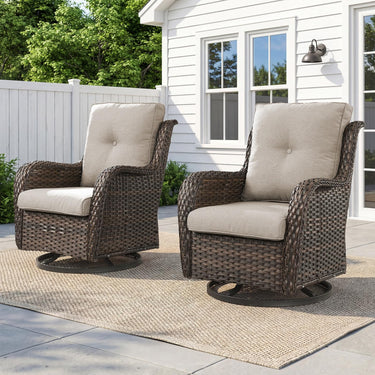 Set of two Belord wicker swivel glider chairs with 360° rotation, 5-inch cushions, suitable for patio conversations.