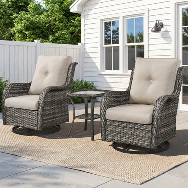 Belord 3-piece outdoor wicker swivel glider set with two chairs and side table for patio conversation.