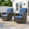 Pair of Belord outdoor wicker swivel glider chairs with thick cushions, suitable for patios, all-weather PE wicker, 300 lb capacity.