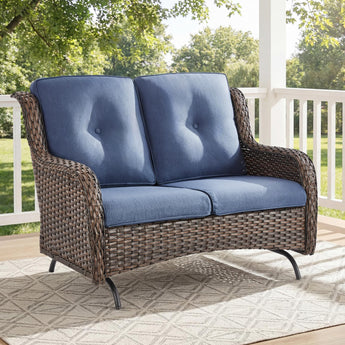 Belord 51-inch outdoor wicker glider loveseat with 2 seats, cushions, and 15° backrest for patio conversation sets.