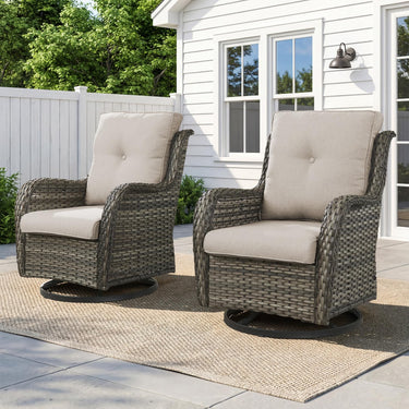 Pair of Belord wicker swivel glider chairs with 5-inch cushions, 360-degree rotation, suitable for patio conversation set.