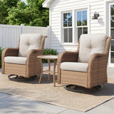 Belord 3-piece outdoor wicker swivel glider patio set with two chairs and side table, perfect for relaxing outdoor conversations.