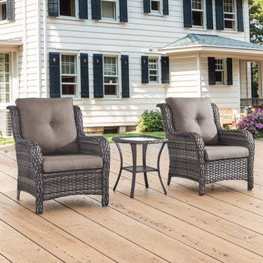 Belord 3-piece patio wicker furniture set with two chairs and side table, ideal for outdoor conversation and relaxation.