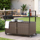 Outdoor wicker bar cart by Belord with four lockable wheels and an ice bucket, perfect for outdoor entertaining.