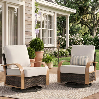 Belord 2-piece outdoor swivel rocking chairs with thick cushions, HW Series, featuring sturdy frames and plush seating for outdoor relaxation.