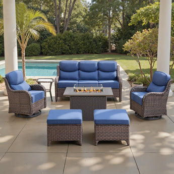 Belord 7-piece patio fire pit set with sofa and swivel chairs, outdoor fire table set for garden or patio entertaining.