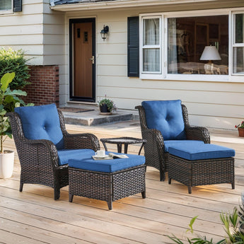 Belord 5-piece patio furniture set with chairs and ottomans, part of the NTC Series, shown with outdoor cushions and a coffee table.