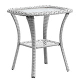 Square outdoor wicker side table with glass top and storage shelf, part of Belord's NTC patio conversation set.