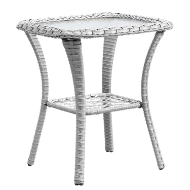 Square outdoor wicker side table with glass top and storage shelf, part of Belord's NTC patio conversation set.
