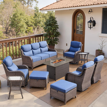 Belord 10-piece patio fire pit set with sofa and swivel chairs, outdoor fire table set for patio gatherings.