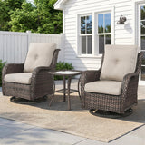 Belord 3-piece outdoor wicker swivel glider patio set with two chairs and side table, perfect for outdoor conversation.
